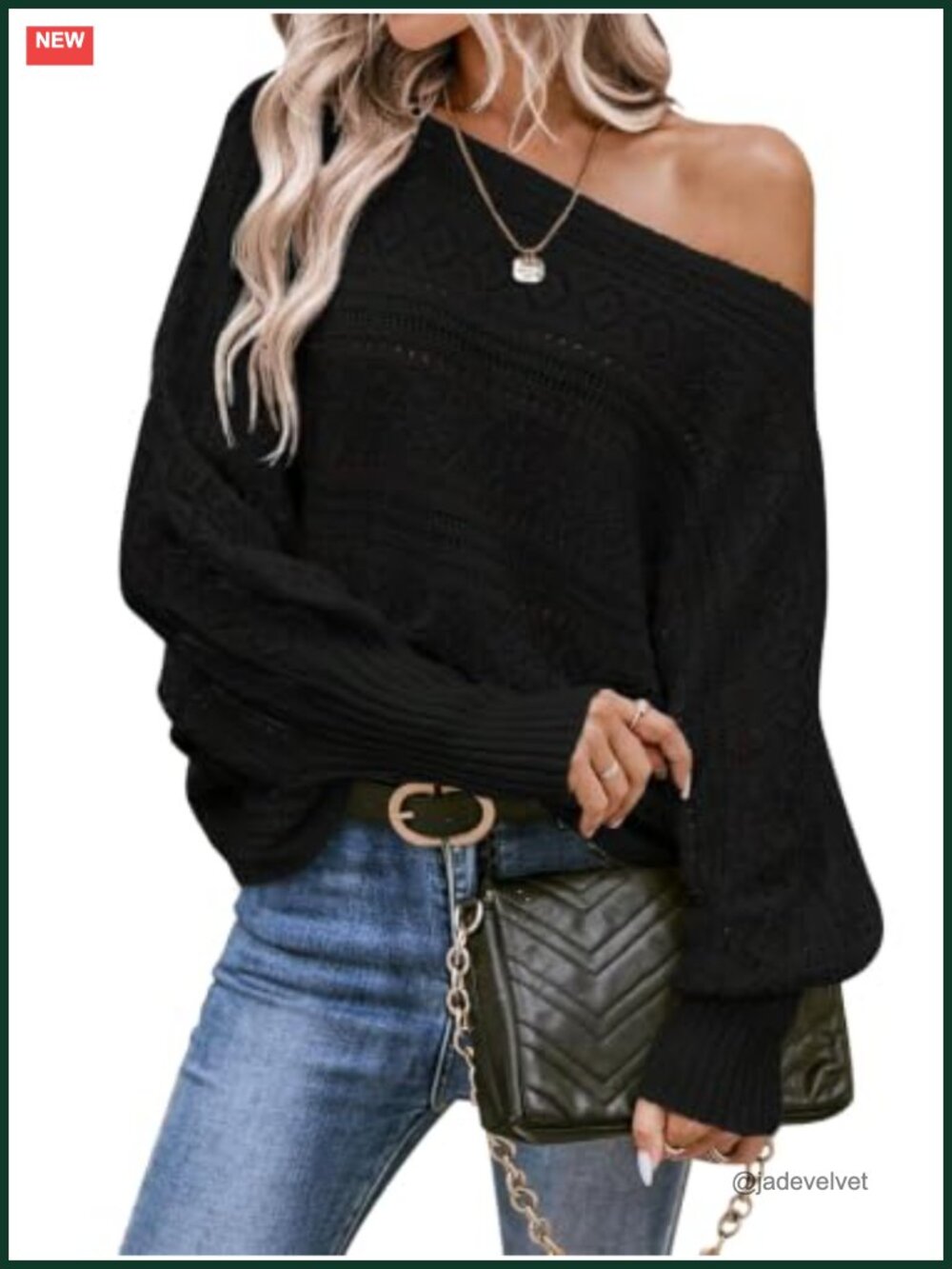 Off Shoulder Oversized Crochet Knit Pullover Sweater Batwing Sleeve